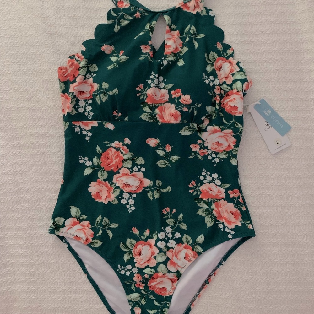 Cupshe teal floral scalloped one piece swim suit